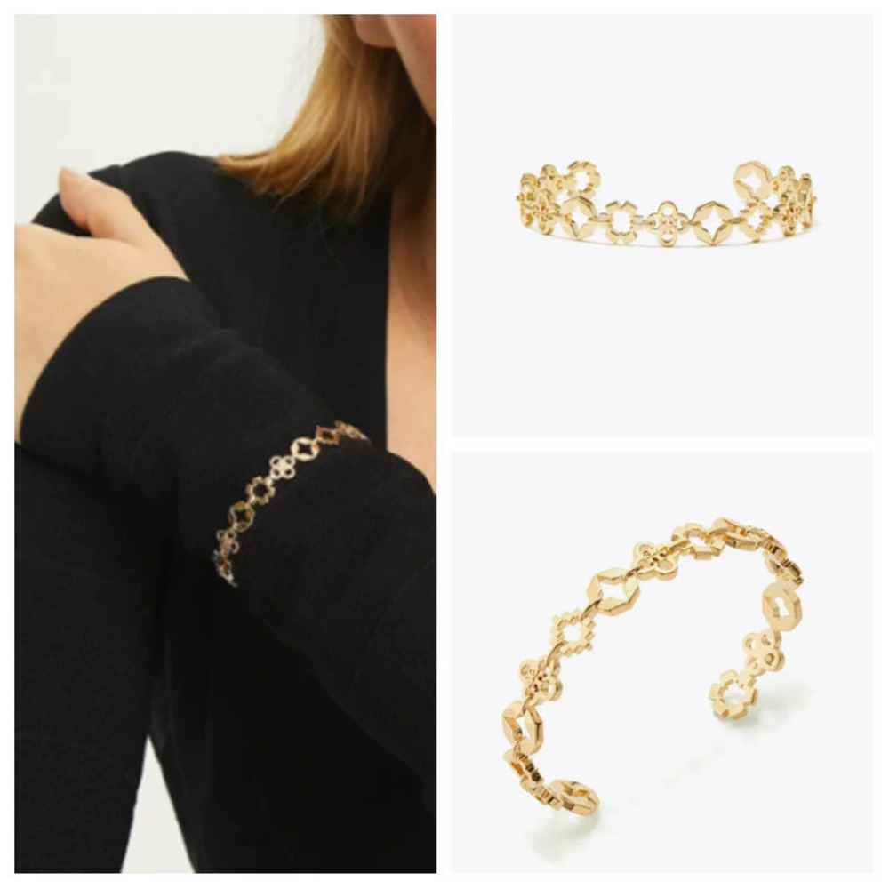 Tory Burch Gold Four Leaf Clover Floral Pattern Open Cuff Bracelet